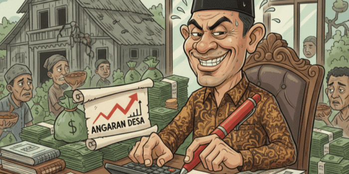 Ilustrasi Kepala Desa yang memperkaya diri sendiri dengan melakukan mark up anggaran.